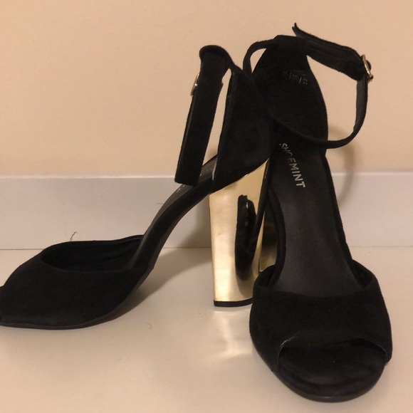 Black Suede open toe heels with chunky gold platform heel - Picture 2 of 5
